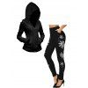 Women Outfit Button Up Cable Knit Hooded Cardigan and Snowflake Leggings Set - Noir S | US 4