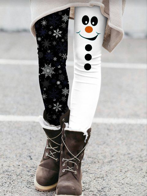 Leggings de Noël Colorblock Bonhomme de neige Imprimé Flocon de Neige Leggings Skinny