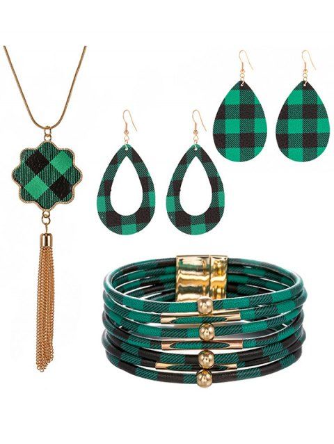 Ensemble d'accessoires, collier à pompons à imprimé écossais, boucles d'oreilles gouttelettes, bracelet superposé