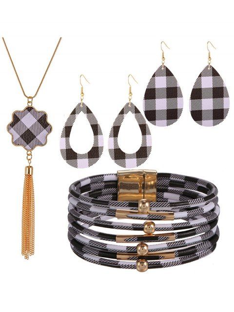 Ensemble d'accessoires, collier à pompons à imprimé écossais, boucles d'oreilles gouttelettes, bracelet superposé