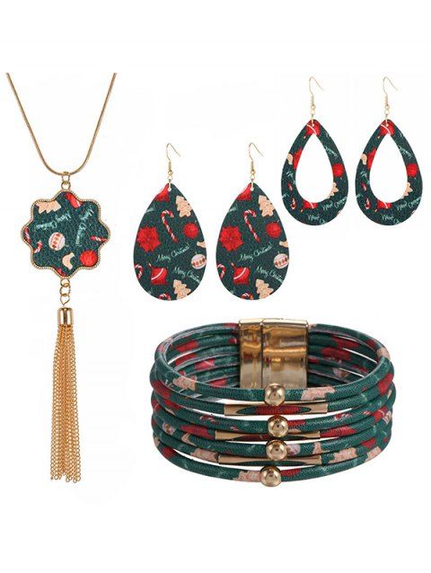 Ensemble d'accessoires, collier à pompons à imprimé écossais, boucles d'oreilles gouttelettes, bracelet superposé