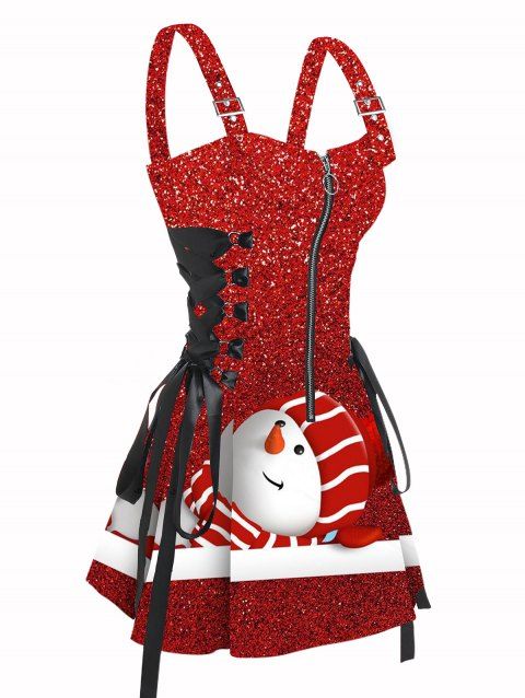Robe de Noël à imprimé bonhomme de neige et à lacets avec bretelles et boucle