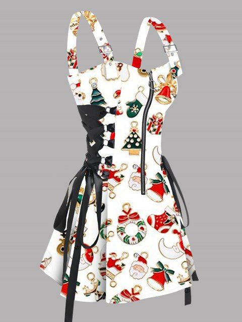 Robe de Noël à imprimé couronne de Père Noël et à lacets avec bretelles et boucle