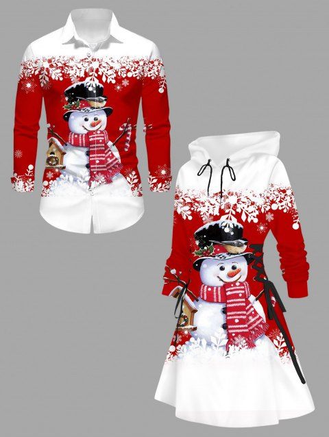Christmas Couple Outfit Snowman Snowflake Print Colorblock Dress and Shirt Set