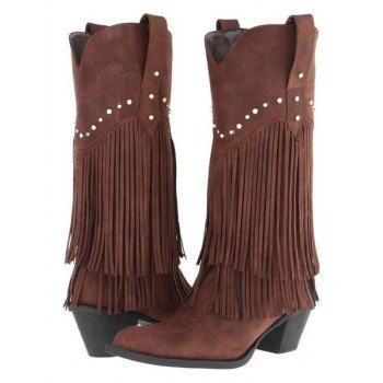Solid Color Rivet Tassel Chunky Heel Mid Calf Boots