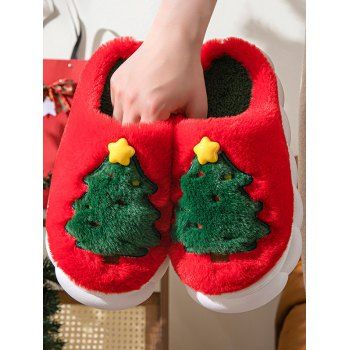 Christmas Tree Print Faux Fur Thick Platform Colorblock Slippers