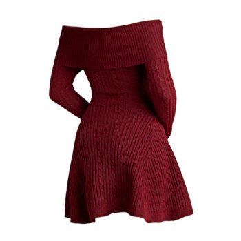Solid Color Cable Knit Dress Off the Shoulder Long Sleeve Mini Dress