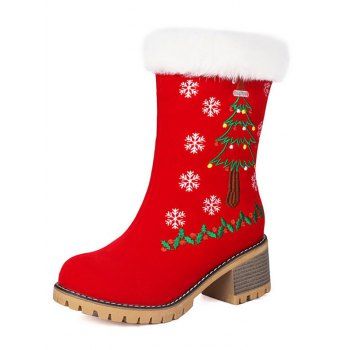 Embroideried Christmas Tree Elk Snowflake Faux Fur Chunky Heel Boots