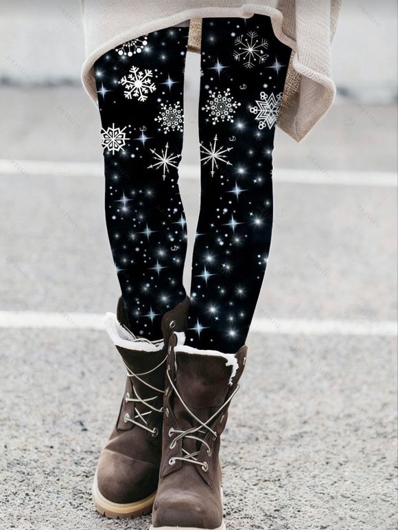 Leggings de Noël Leggings skinny à imprimé flocon de neige et étoiles - Noir XXL | US 14