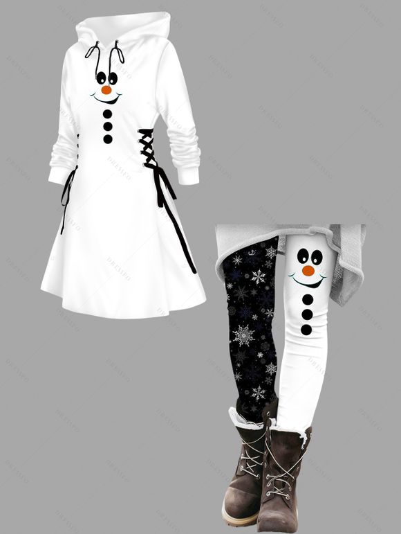 Christmas Women Outfit Snowman Print Hoodie Dress and Colorblock Leggings Set - Blanc S | US 4