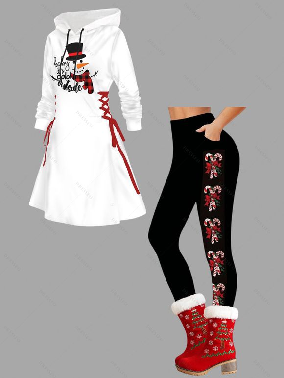 Christmas Women Outfit Elk Pattern Hooded Dress and Leggings Set - Blanc S | US 4