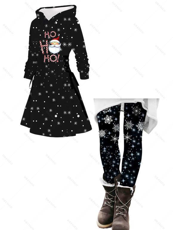 Christmas Women Outfit Santa Claus Snowflake Print Hoodie Dress and Leggings Set - Noir S | US 4