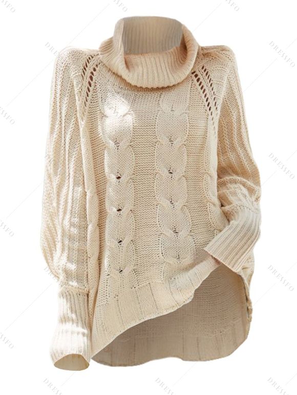 Pull de couleur unie en maille torsadée à col roulé et ajouré - Beige XL | US 10