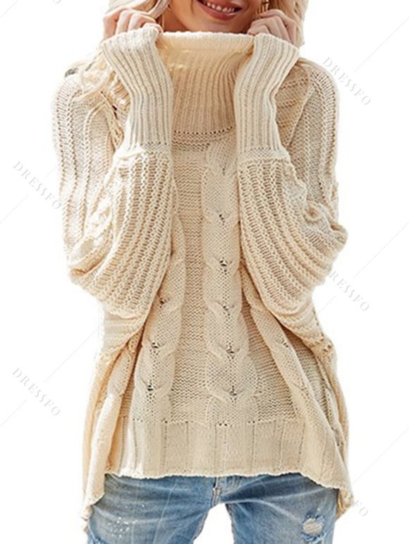 Pull de couleur unie en maille torsadée à col roulé et ajouré - Beige S | US 4