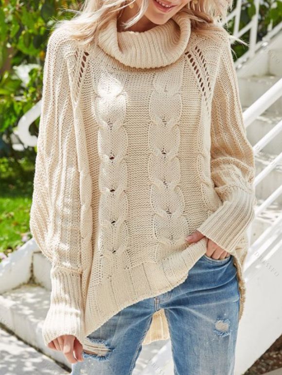 Pull de couleur unie en maille torsadée à col roulé et ajouré - Beige S | US 4