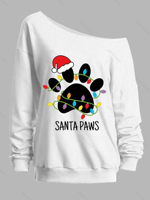 Sweat-shirt de vacances, chapeau de Noël, imprimé patte, lettre, sweat-shirt à col incliné - Blanc XXL | US 14