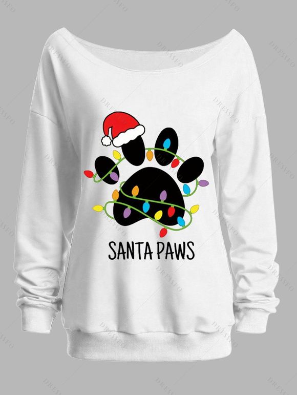 Sweat-shirt de vacances, chapeau de Noël, imprimé patte, lettre, sweat-shirt à col incliné - Blanc M | US 6