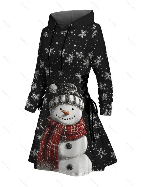 Robe à capuche de Noël, imprimé bonhomme de neige et flocon de neige, robe à capuche à lacets - Noir XXXXXL | US 20