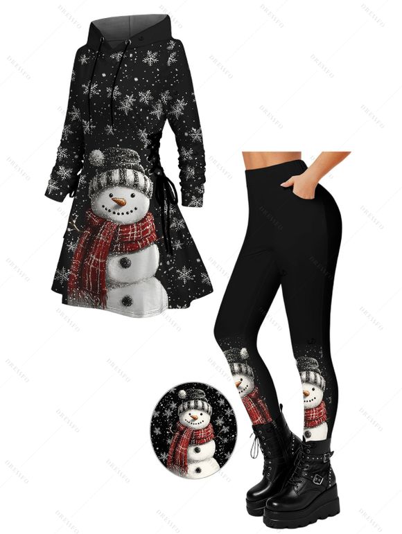 Christmas Women Outfit Snowman Snowflake Print Hoodie Dress and Leggings Set - Noir S | US 4