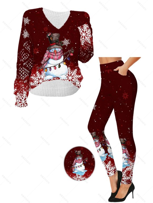 Christmas Women Outfit Snowflake Snowman Print Sweater and Leggings Set - Rouge foncé S | US 4