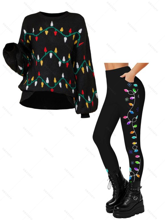 Holiday Women Outfit Christmas Tree Print Sweatshirt and Leggings Set - Noir S | US 4
