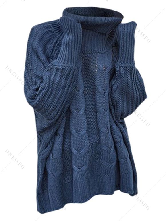 Pull de couleur unie en maille torsadée à col roulé et ajouré - Cadetblue XL | US 10
