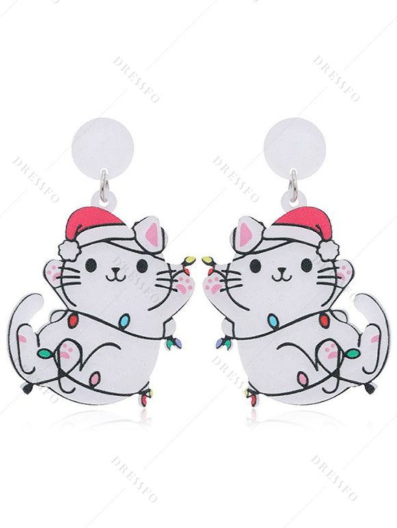 Boucles d'oreilles de fête en forme de chat avec chapeau de Noël et chaînes éclair - Blanc 