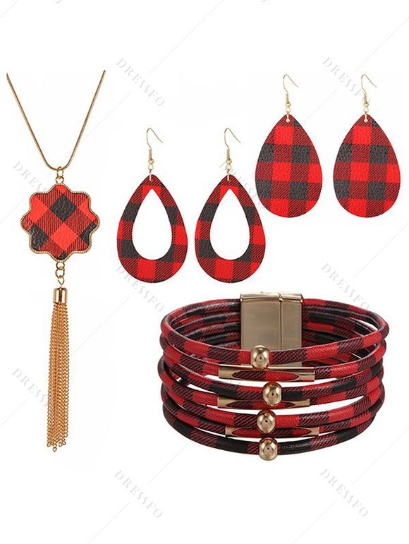 Ensemble d'accessoires, collier à pompons à imprimé écossais, boucles d'oreilles gouttelettes, bracelet superposé - Rouge 