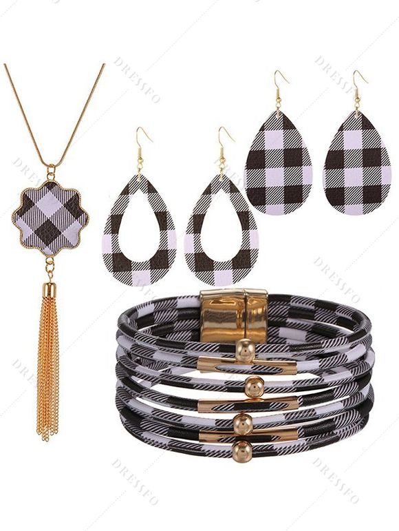 Ensemble d'accessoires, collier à pompons à imprimé écossais, boucles d'oreilles gouttelettes, bracelet superposé - Gris 