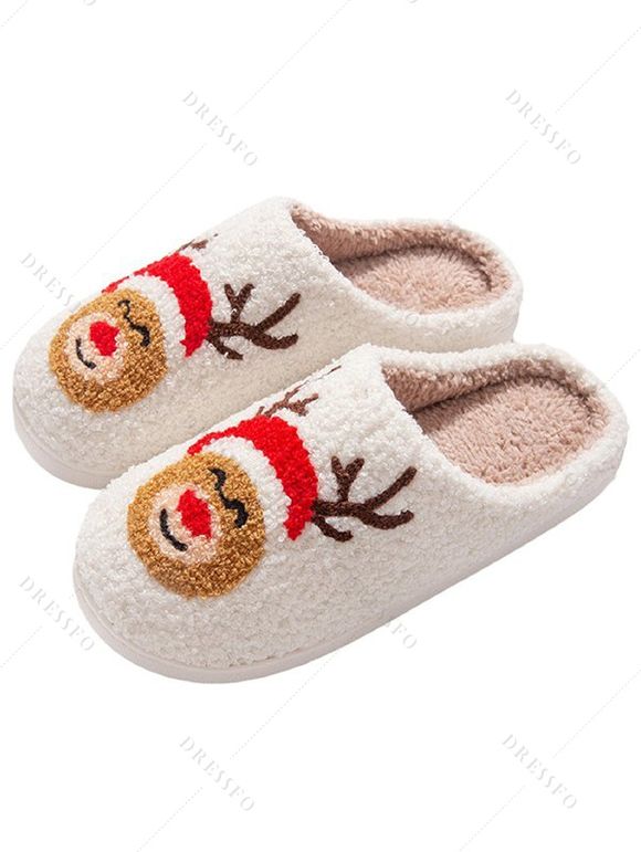 Cute Elk Print Faux Fur Slip On Christmas Slippers - Blanc de Crème EU (36-37)