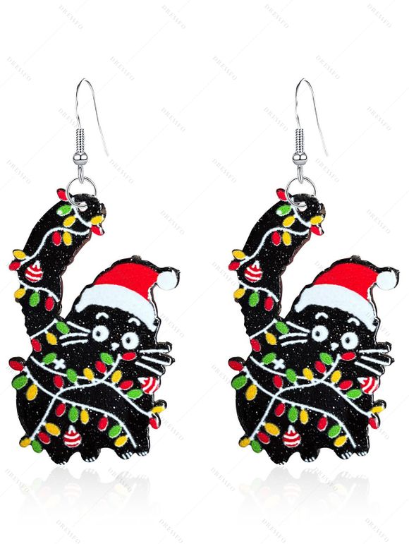 Boucles d'oreilles de Noël, imprimé chat et flocon de neige, boucles d'oreilles de fête - Noir 