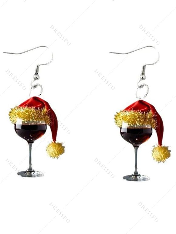 Boucles d'oreilles de fête en verre à vin avec chapeau de Noël - Noir 