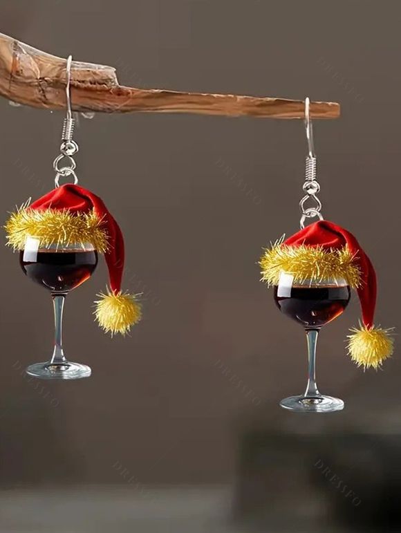 Boucles d'oreilles de fête en verre à vin avec chapeau de Noël - Noir 