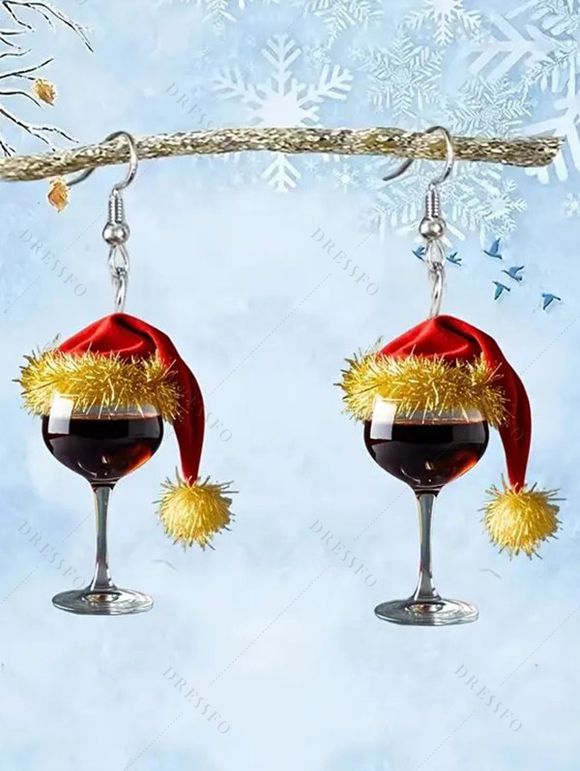 Boucles d'oreilles de fête en verre à vin avec chapeau de Noël - Noir 