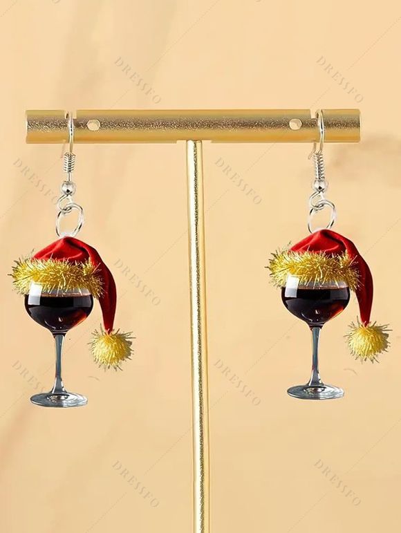 Boucles d'oreilles de fête en verre à vin avec chapeau de Noël - Noir 