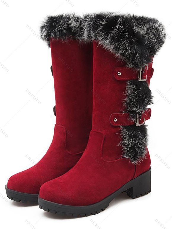Colorblock Faux Fur Buckle Strap Snow Boots - Rouge EU 37