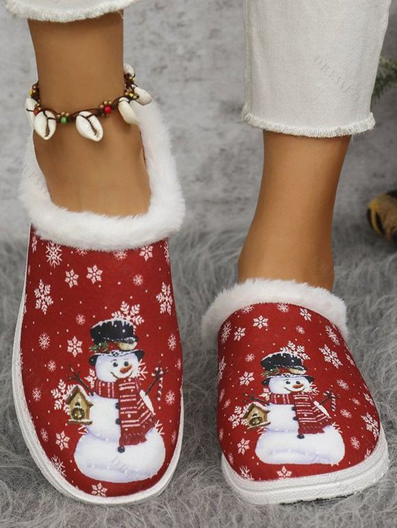 Christmas Snowman Snowflake Print Faux Fur Warm Slippers - Rouge EU 42