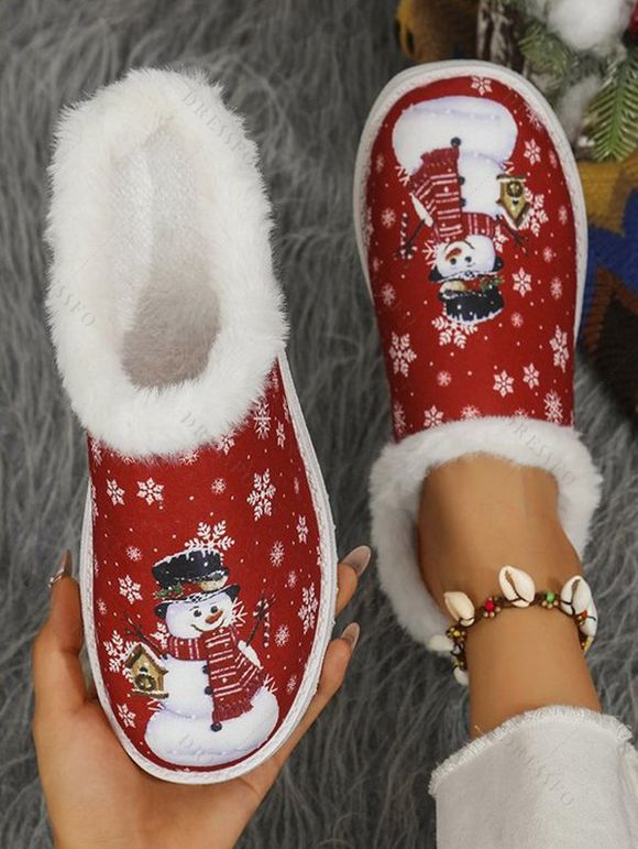 Christmas Snowman Snowflake Print Faux Fur Warm Slippers - Rouge EU 36