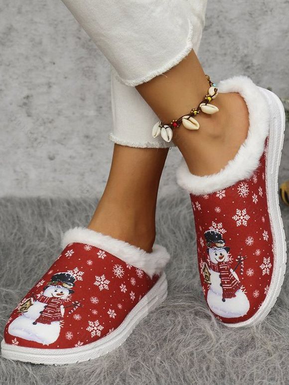 Christmas Snowman Snowflake Print Faux Fur Warm Slippers - Rouge EU 36