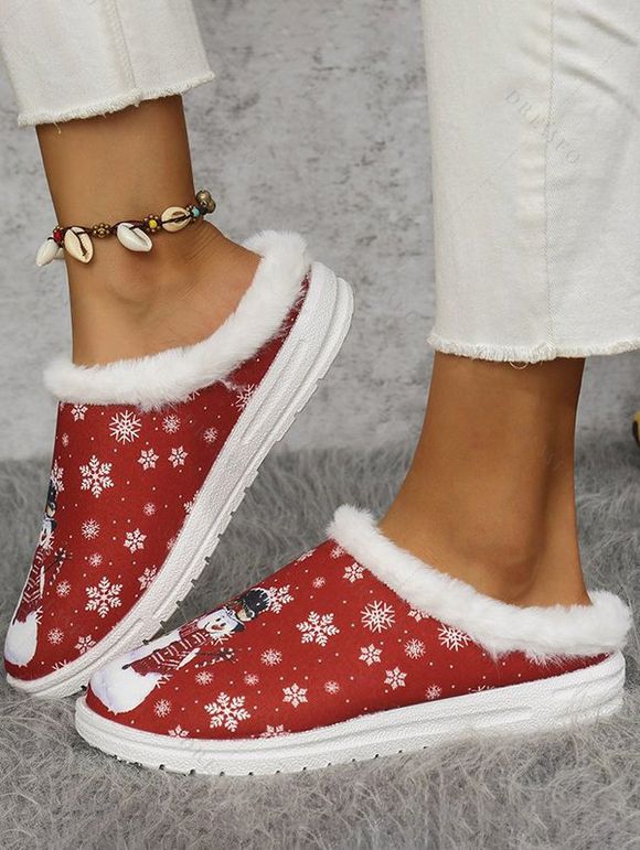 Christmas Snowman Snowflake Print Faux Fur Warm Slippers - Rouge EU 36