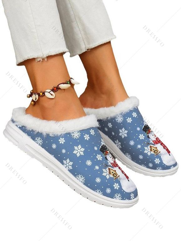 Christmas Snowman Snowflake Print Faux Fur Warm Slippers - Bleu EU 37