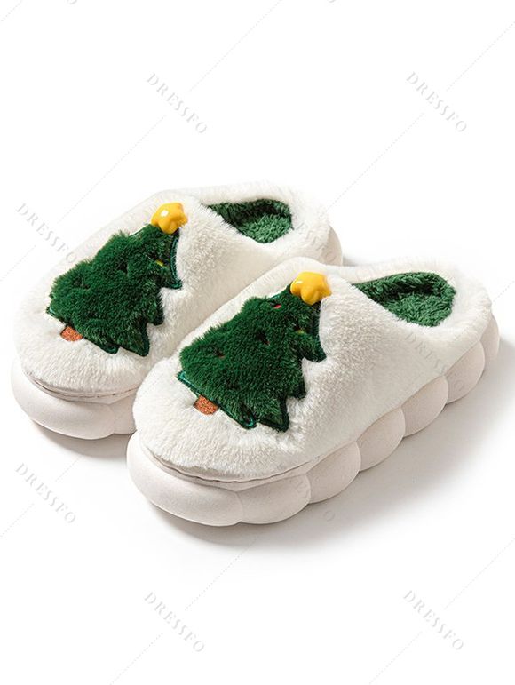 Christmas Tree Print Faux Fur Thick Platform Colorblock Slippers - Blanc EU (42-43)