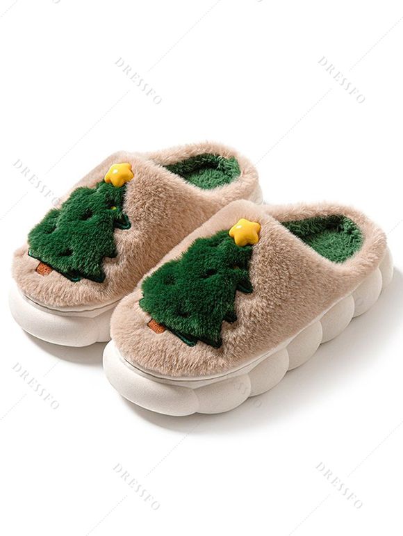 Christmas Tree Print Faux Fur Thick Platform Colorblock Slippers - café lumière EU (36-37)