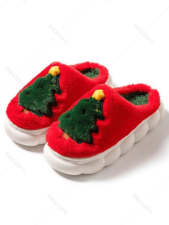 Christmas Tree Print Faux Fur Thick Platform Colorblock Slippers - Rouge EU (42-43)