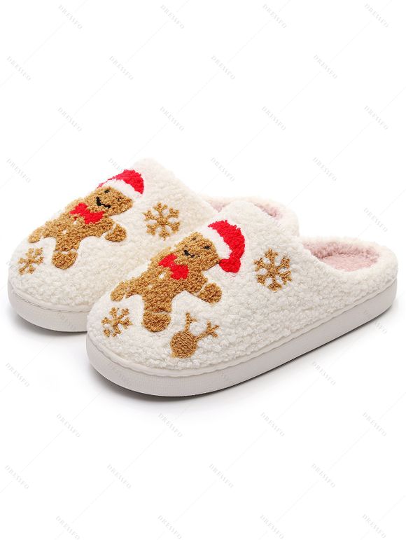 Gingerbread Man Print Faux Fur Slip On Christmas Slippers - Blanc de Crème EU (36-37)