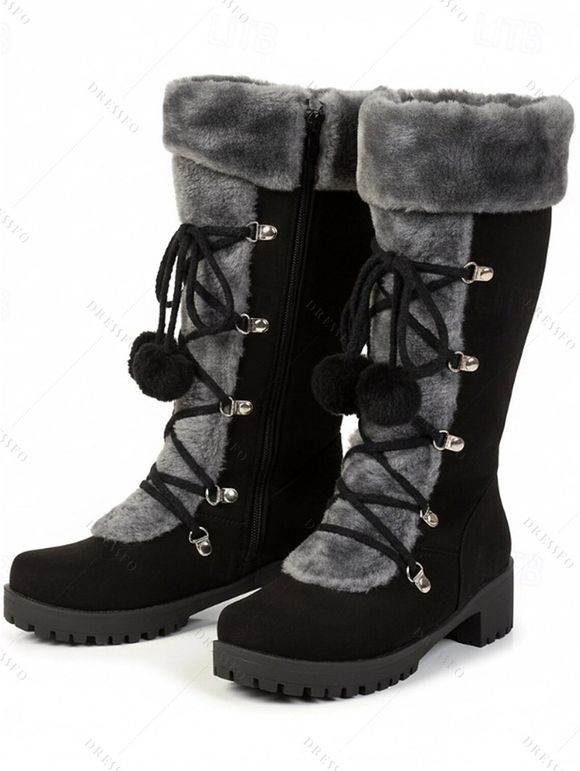 Colorblock Faux Fur Lace Up Thick Platform Snow Boots - Noir EU 43