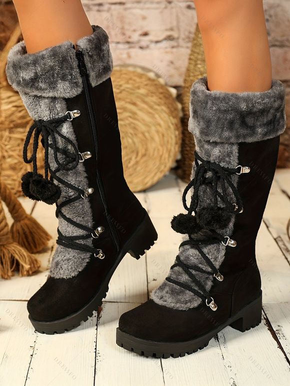 Colorblock Faux Fur Lace Up Thick Platform Snow Boots - Noir EU 36
