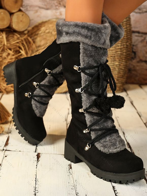 Colorblock Faux Fur Lace Up Thick Platform Snow Boots - Noir EU 36