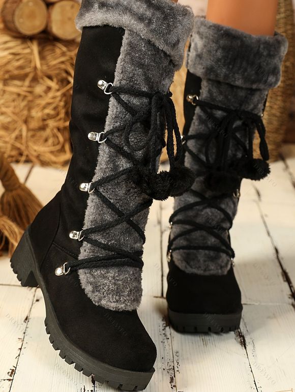 Colorblock Faux Fur Lace Up Thick Platform Snow Boots - Noir EU 36