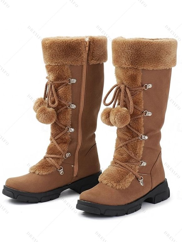 Colorblock Faux Fur Lace Up Thick Platform Snow Boots - Brun EU 37